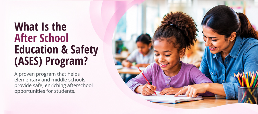 Teacher helping elementary students participate in California's After School Education and Safety (ASES) Program during an afterschool learning activity.
