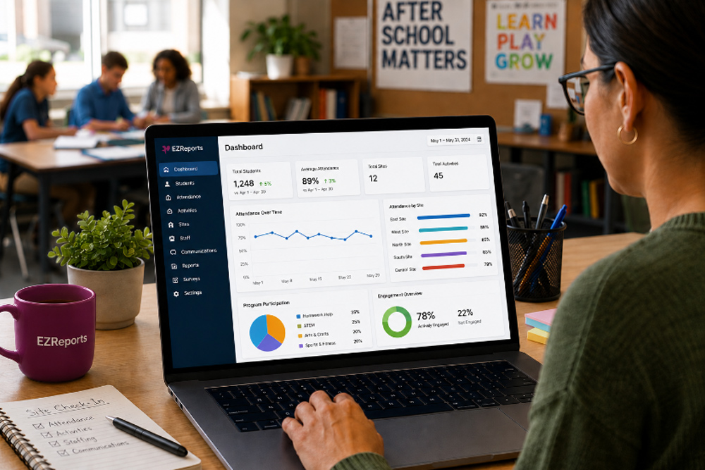 Afterschool program staff reviewing student participation, attendance, and engagement data across multiple sites using centralized reporting software for expanded learning and grant-funded programs