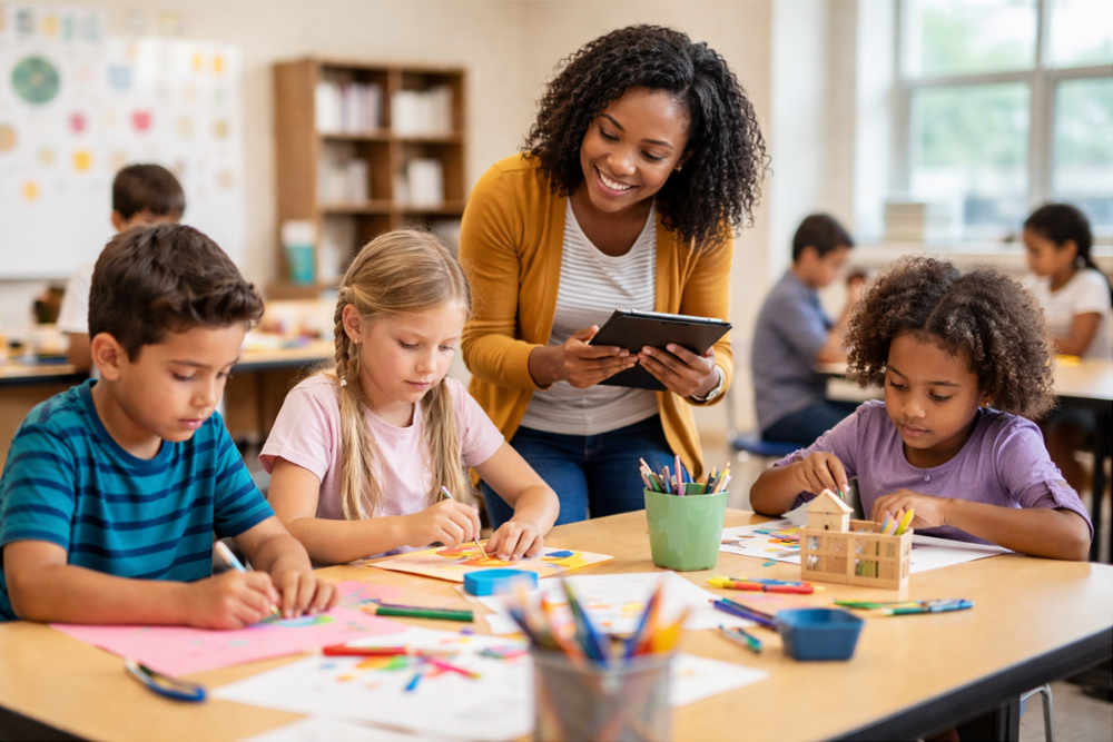 Afterschool program staff tracking student participation and attendance during classroom activity
